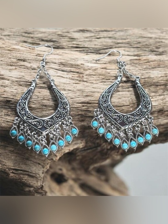 Jewelry - Boho Festival SilverTeardrop Earrings With Turquoise, Teal Tassel Beads